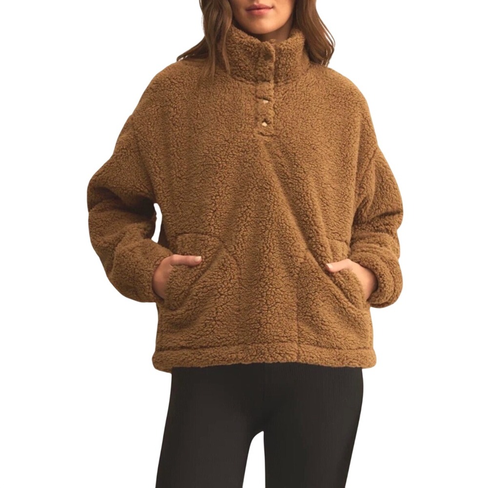 Z Supply Brooklyn Sherpa Jacket Womens Medium Brown NWT Pullover Snap Mock Neck